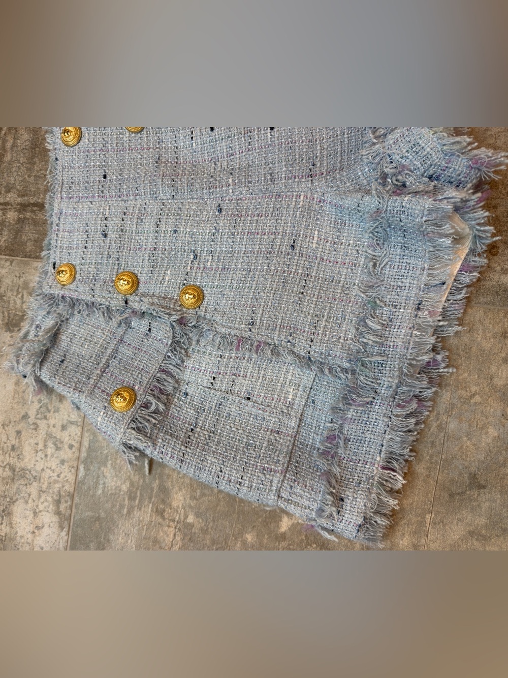 Balmain Light Blue Tweed High-Waist Shorts with Gold Buttons - Picture 3 of 8